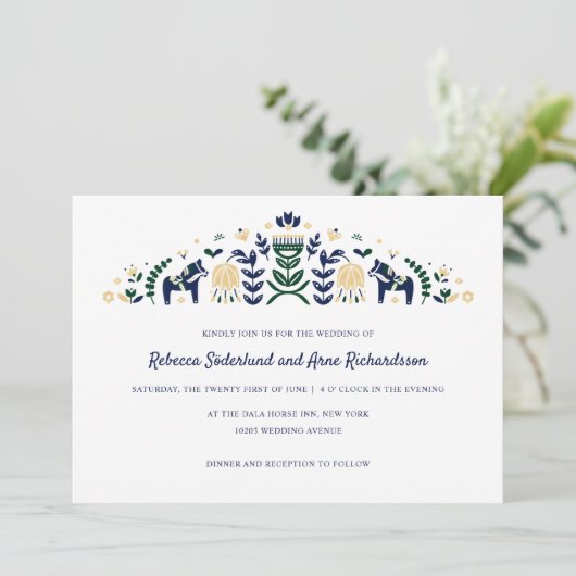 Skandinavische Folk Art Dala Blume CUSTOM V2 Einladung (Stehend Vorderseite)