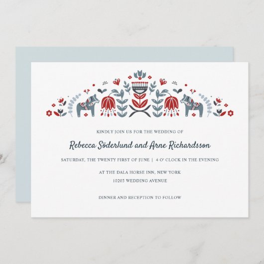 Skandinavische Folk Art Dala Blume Hochzeit Einladung (Vorne/Hinten)