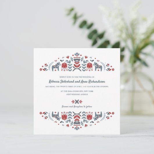 Skandinavische Folk Art Dala Blume Hochzeit Einladung (Stehend Vorderseite)