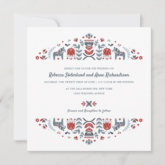 Skandinavische Folk Art Dala Blume Hochzeit Einladung (Vorderseite)