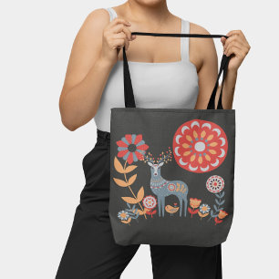 Skandinavische Folk Art Deer Bird Floral Nature Tasche