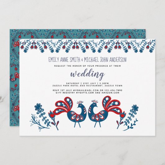 Skandinavische Folk Art WEDING Einladung Vögel (Vorne/Hinten)