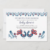 Skandinavische Folklore Art Birds BABY SHOWER Blue Einladung (Vorderseite)
