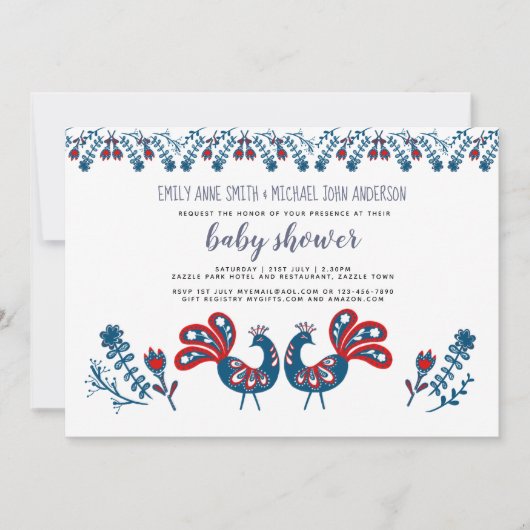 Skandinavische Folklore Art Birds BABY SHOWER Blue Einladung (Vorderseite)