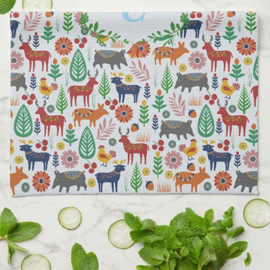 Skandinavische Folklorekunst Monogram Muster Boho  Geschirrtuch (Gefaltet)