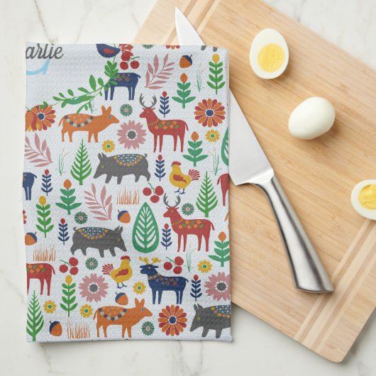 Skandinavische Folklorekunst Monogram Muster Boho  Geschirrtuch (Viertel Falte)