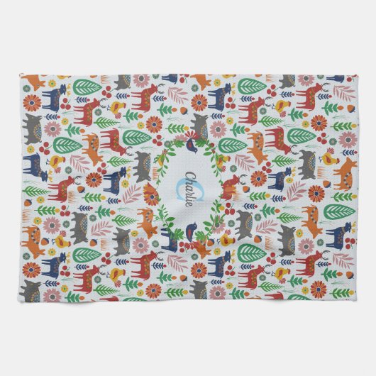 Skandinavische Folklorekunst Monogram Muster Boho  Geschirrtuch (Horizontal)