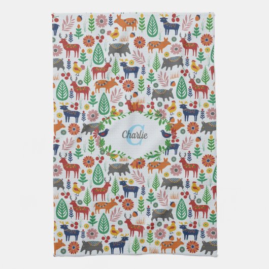 Skandinavische Folklorekunst Monogram Muster Boho  Geschirrtuch (Vertikal)