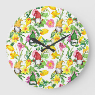 Skandinavische Gnome: Frühlingsblumen-Aquarell. Große Wanduhr