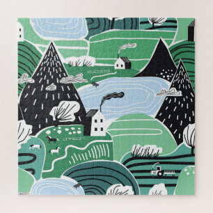 Skandinavische Häuser, Bäume, Bergbilder Puzzle