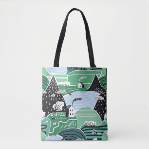 Skandinavische Häuser, Bäume, Bergbilder Tasche