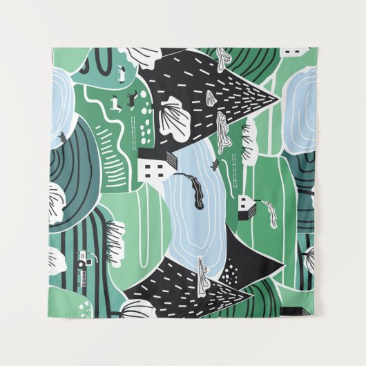 Skandinavische Häuser, Bäume, Bergbilder Wandteppich (Vorderseite (Horizontal))