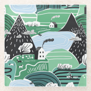 Skandinavische Häuser, Bäume, Berge Illustration Glasuntersetzer