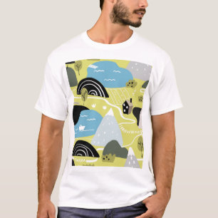Skandinavische Häuser, Bäume, Gebirgsmuster. T-Shirt