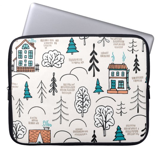Skandinavische Häuser Waldmuster Laptopschutzhülle (Vorderseite)