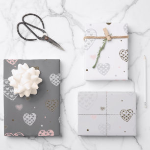 Skandinavische Herzen Rosa und Grau Geschenkpapier Set