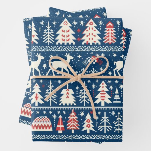 Skandinavische Marine Blauer Weihnachtsbaum Nordic Geschenkpapier Set (Beispiel)