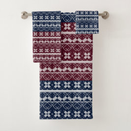 Skandinavische Ornamente auf blauen, bordeauxfarbe Badhandtuch Set