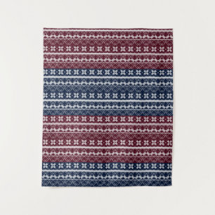 Skandinavische Ornamente auf blauen, bordeauxfarbe Wandteppich
