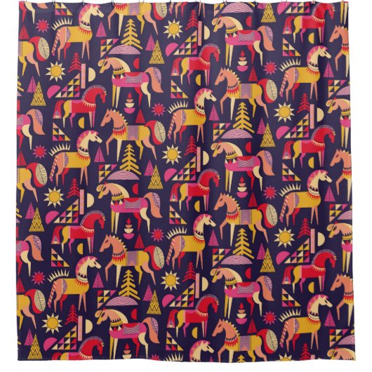 Skandinavische Pferde: Dekoratives Nahtloses Desig Duschvorhang (Vorderseite)