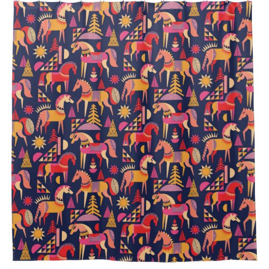 Skandinavische Pferde: Dekoratives Nahtloses Desig Duschvorhang (Vorderseite)