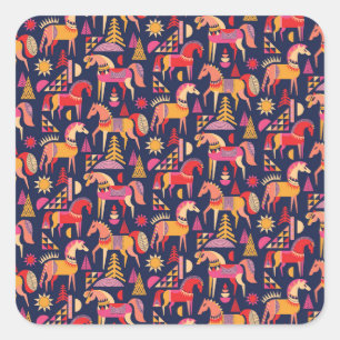 Skandinavische Pferde: Dekoratives Nahtloses Desig Quadratischer Aufkleber