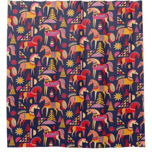 Skandinavische Pferde Muster nahtlos Design. Dekor Duschvorhang (Vorderseite)