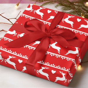 Skandinavische Rentiere Herzen Rot Weiß Weihnachte Geschenkpapier