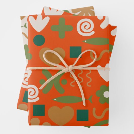 Skandinavische Retro Weihnachtsmuster Red Orange Geschenkpapier Set (Beispiel)