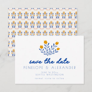 Skandinavische Volksblumen in Blau und Gelb Hochze Save The Date