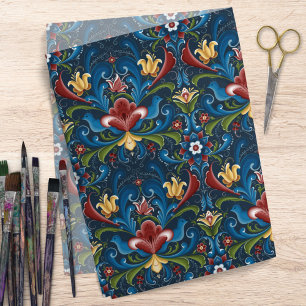 Skandinavische Volkskunst Blau-Rotes Blumenmuster Seidenpapier