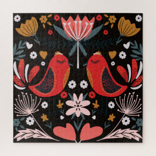 Skandinavische Volkskunst: Farbige Vögel. Puzzle