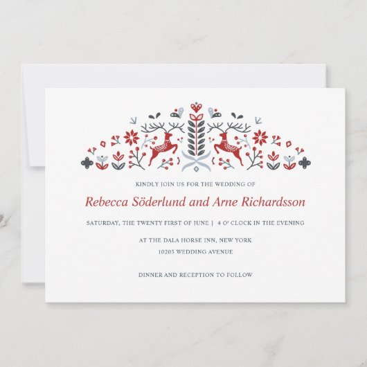 Skandinavische Volkskunst Rentier and Hearts Weddi Einladung (Vorderseite)