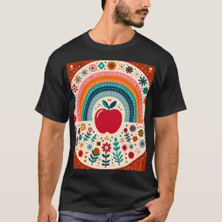 Skandinavische Volkskunst rote Äpfel und Regenboge T-Shirt