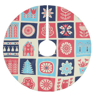 Skandinavische Volkskunst: Vintage Blütenkunst. Polyester Weihnachtsbaumdecke