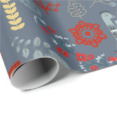 Skandinavische Volkskunst Vögel Pflanze Blume Rote Geschenkpapier (Rolleneckpunkt)