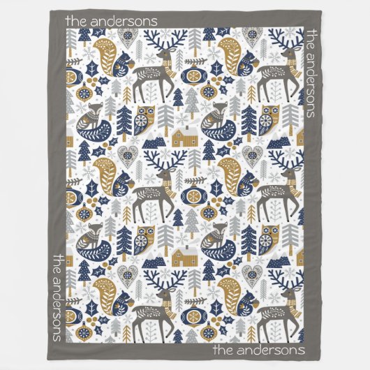 Skandinavische Waldtiere Schneeflocken Weihnachten Fleecedecke (Vorderseite)