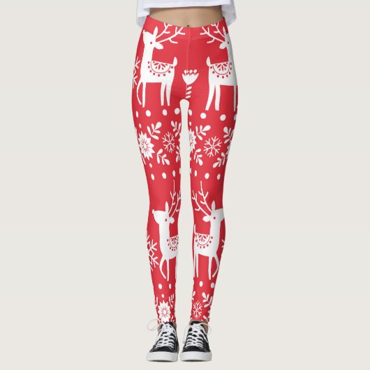 Skandinavische Weihnachten: Schneeflocken & Hirsch Leggings (Vorderseite)