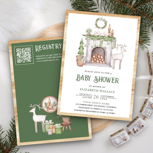 Skandinavische Weihnachts-Kamin QR-Code Baby Showe Einladung