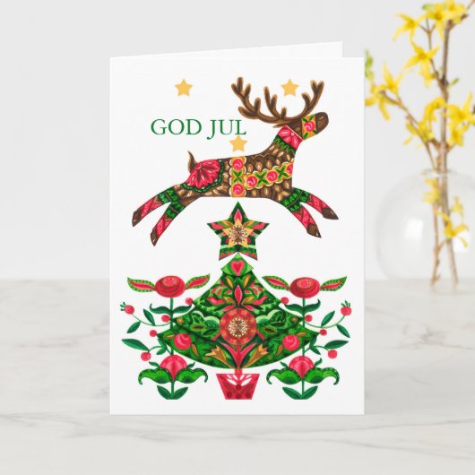 Skandinavische Weihnachts-Rentier- und Baumgrüßkar Karte (Gelbe Blume)