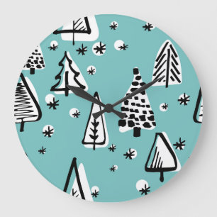 Skandinavische Weihnachtsbäume: Vintage Grafik. Große Wanduhr