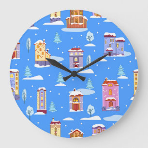 Skandinavische Winterhäuser - Schneemuster Große Wanduhr