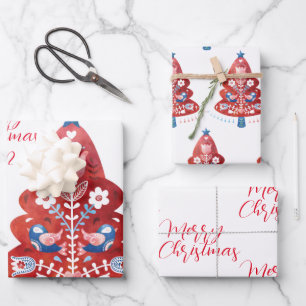 Skandinavischer Folk Art Weihnachtsbaum Geschenkpapier Set