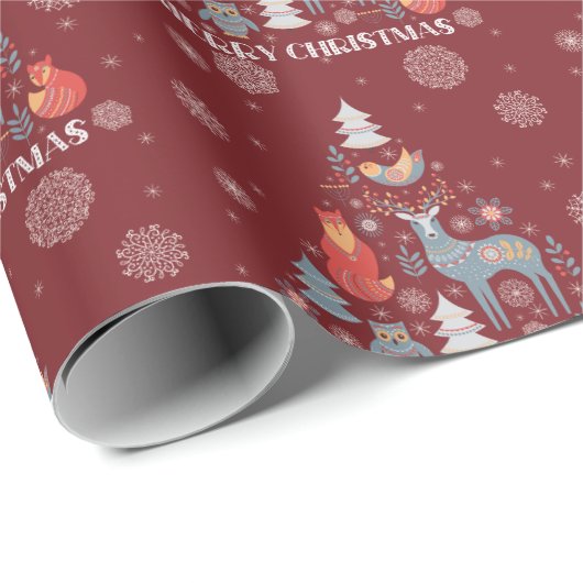 Skandinavischer Schneeflocken Rentierbaum Tier Rot Geschenkpapier (Rolleneckpunkt)