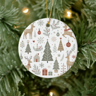 Skandinavischer Weihnachts-Hirsch und winterlicher Keramik Ornament