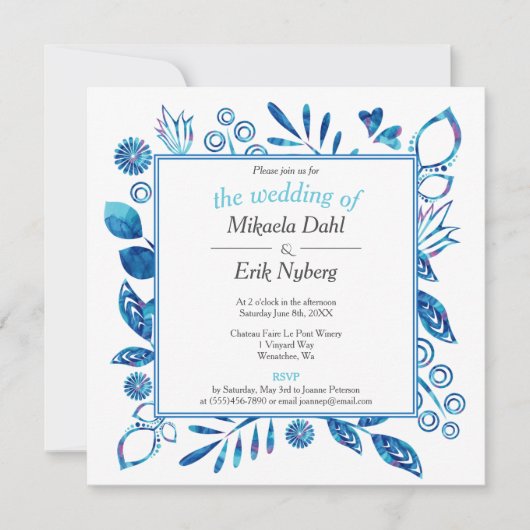 Skandinavischer Winter Blue Floral Muster Hochzeit Einladung (Vorderseite)