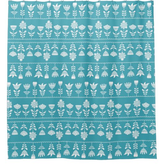 skandinavisches Blau mit weißen Blume Duschvorhang (Vorderseite)