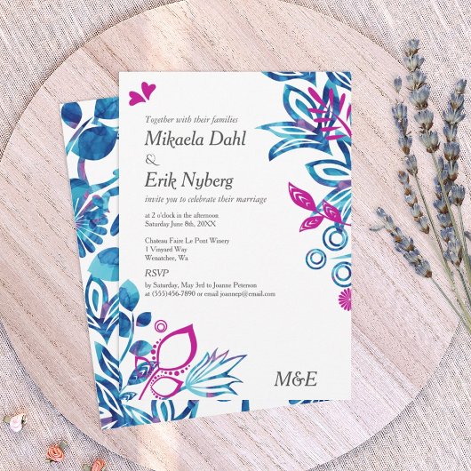 Skandinavisches Blau und Rosa Muster Hochzeit Einladung