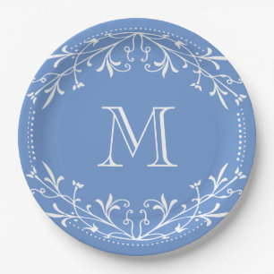 Skandinavisches Blau und Weiß stilvolles Monogramm Pappteller