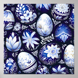 Skandinavisches blaues Osterei-Frühlingsblumenmust Poster